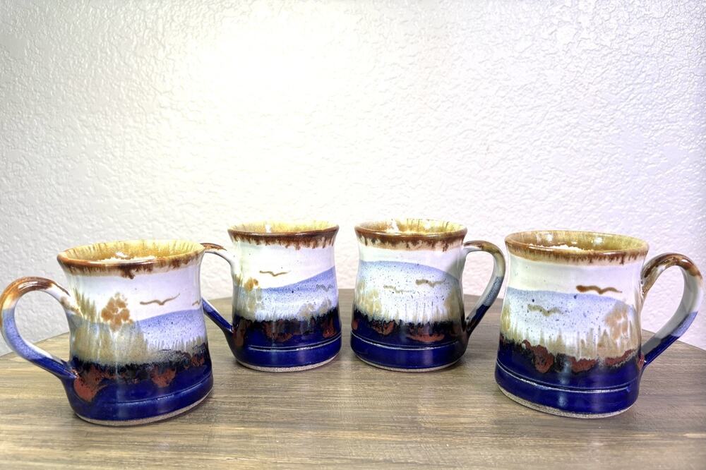 Evans Studio Art Pottery Mugs Set of 4 Signed Mountain Landscape